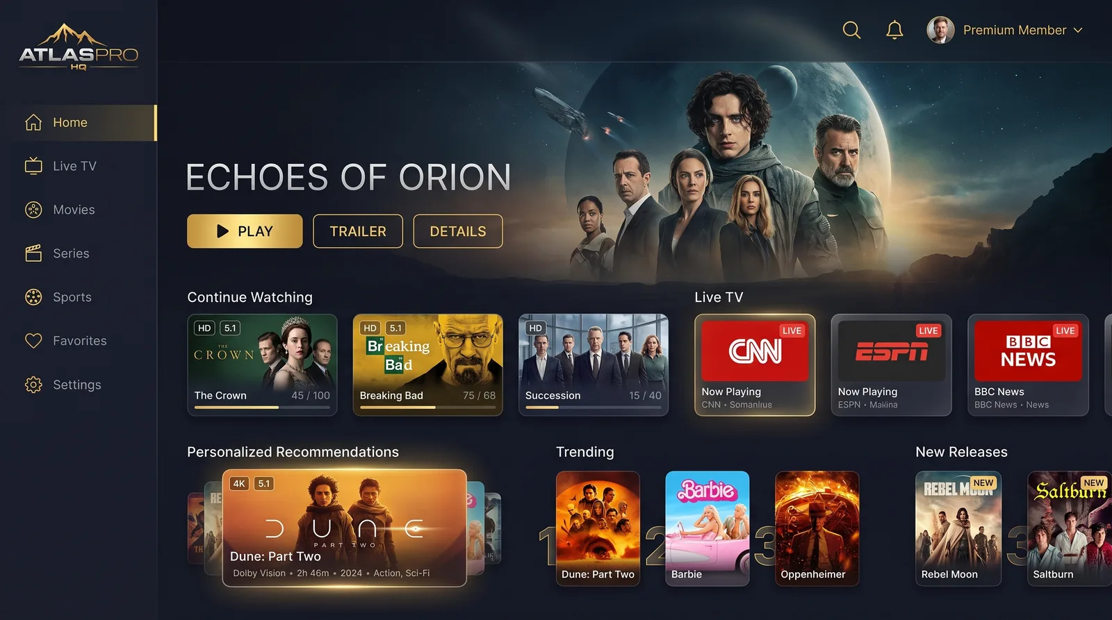 Écran d'accueil de l'abonnement Atlas Pro ONTV après activation